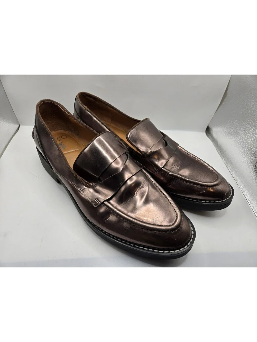 Sarto Franco Sarto Metallic Bronze Leather Penny Loafers Lug Sole Shoes Sz 9.5M